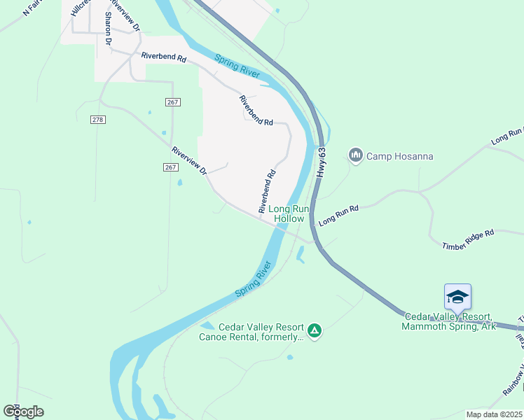 map of restaurants, bars, coffee shops, grocery stores, and more near Riverbend Road in Mammoth Spring