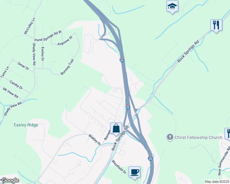 map of restaurants, bars, coffee shops, grocery stores, and more near 640 Barnett Drive in Kingsport