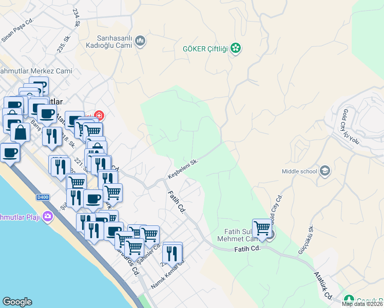 map of restaurants, bars, coffee shops, grocery stores, and more near Keşbeleni Sokak in Alanya