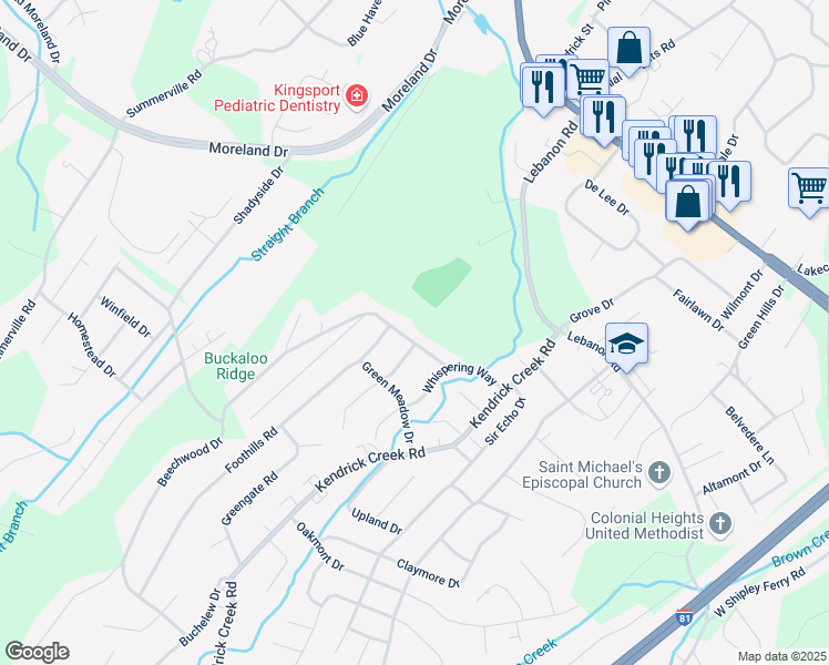 map of restaurants, bars, coffee shops, grocery stores, and more near 608 Beechwood Drive in Kingsport