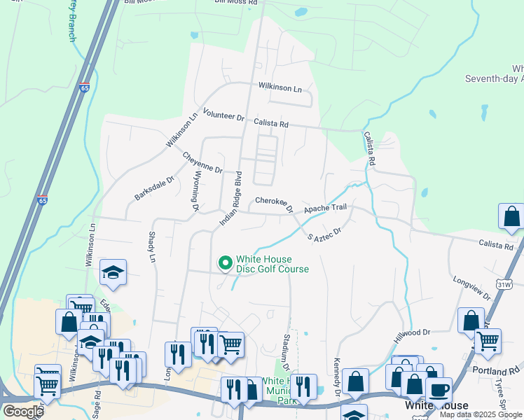 map of restaurants, bars, coffee shops, grocery stores, and more near 115 Cherokee Drive in White House
