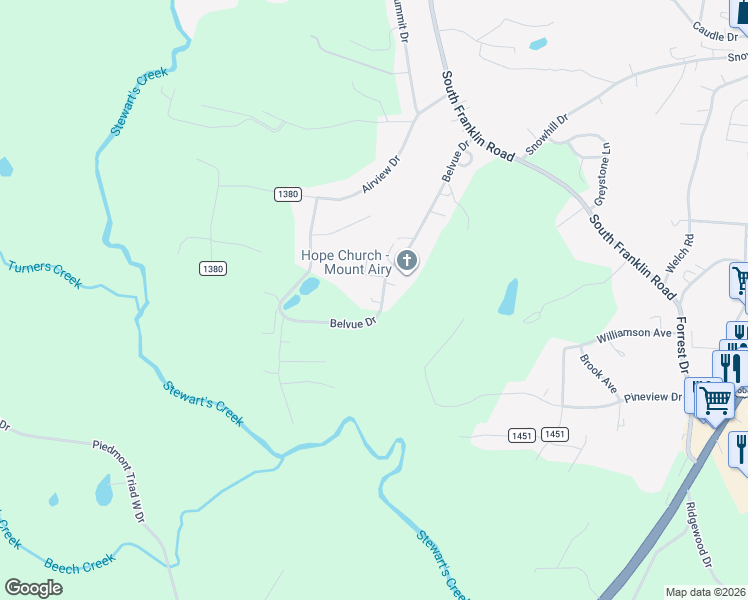 map of restaurants, bars, coffee shops, grocery stores, and more near 318 Belvue Drive in Mount Airy