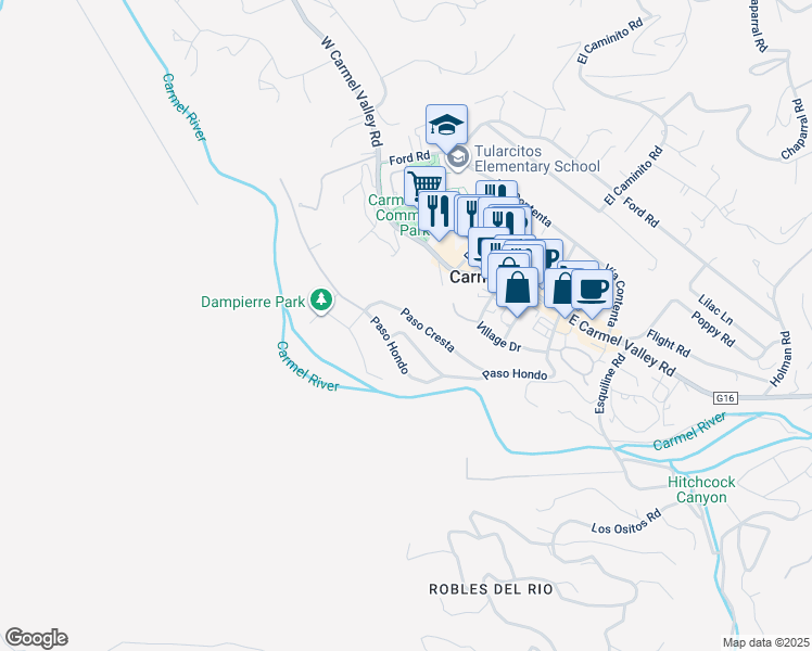 map of restaurants, bars, coffee shops, grocery stores, and more near 17 Paso Mediano in Carmel Valley