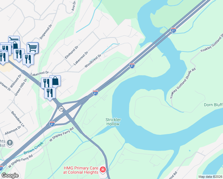 map of restaurants, bars, coffee shops, grocery stores, and more near 1458 East Shipley Ferry Road in Kingsport