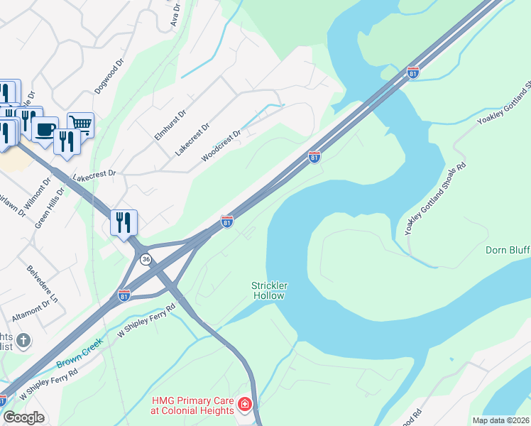 map of restaurants, bars, coffee shops, grocery stores, and more near 1458 East Shipley Ferry Road in Kingsport