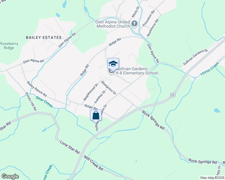 map of restaurants, bars, coffee shops, grocery stores, and more near 104 Bluegrass Drive in Kingsport