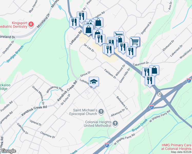 map of restaurants, bars, coffee shops, grocery stores, and more near 116 Sylvan Drive in Kingsport