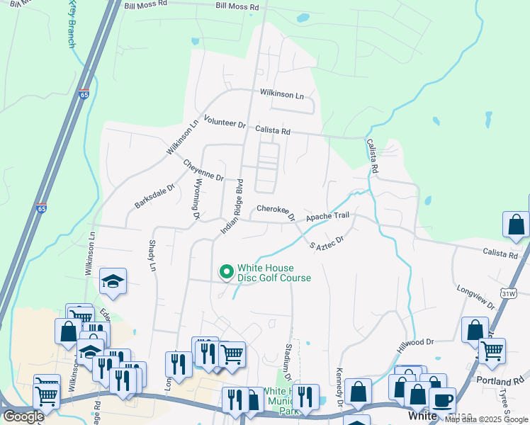 map of restaurants, bars, coffee shops, grocery stores, and more near 115 Cherokee Drive in White House