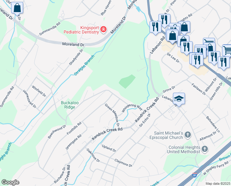 map of restaurants, bars, coffee shops, grocery stores, and more near 608 Beechwood Drive in Kingsport