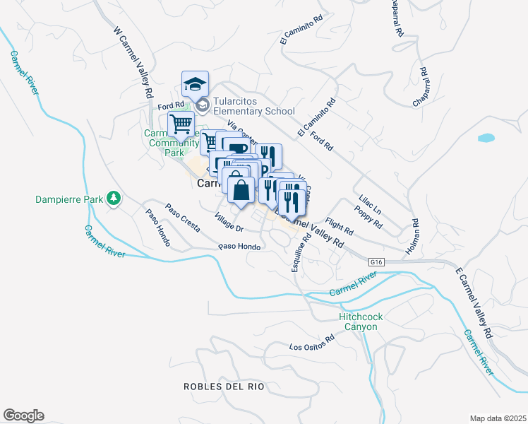 map of restaurants, bars, coffee shops, grocery stores, and more near 2 West Carmel Valley Road in Carmel Valley