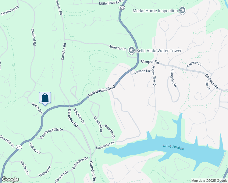 map of restaurants, bars, coffee shops, grocery stores, and more near 3 Lancaster Drive in Bella Vista