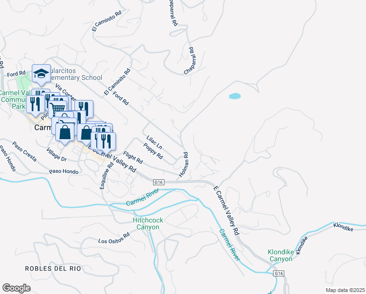 map of restaurants, bars, coffee shops, grocery stores, and more near Holman Rd & Ford Rd in Carmel Valley