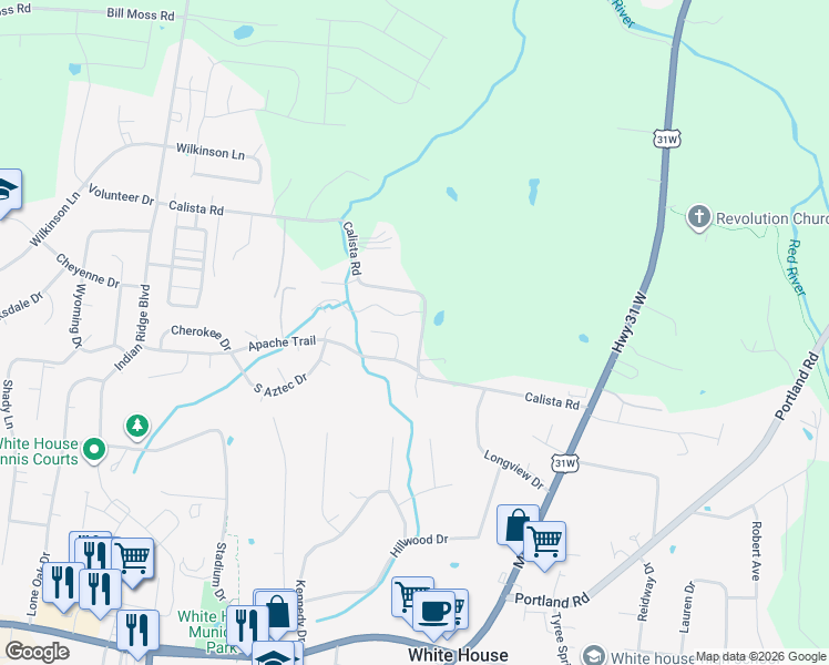 map of restaurants, bars, coffee shops, grocery stores, and more near 453 Calista Road in White House