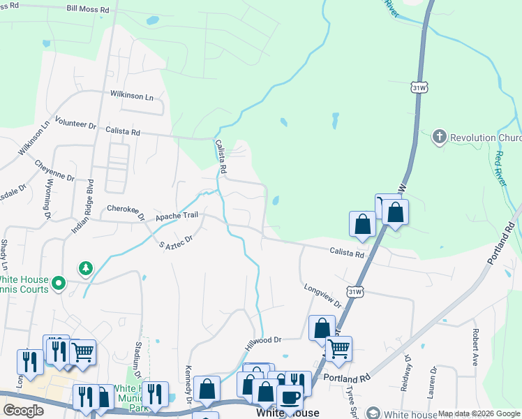 map of restaurants, bars, coffee shops, grocery stores, and more near 453 Calista Road in White House