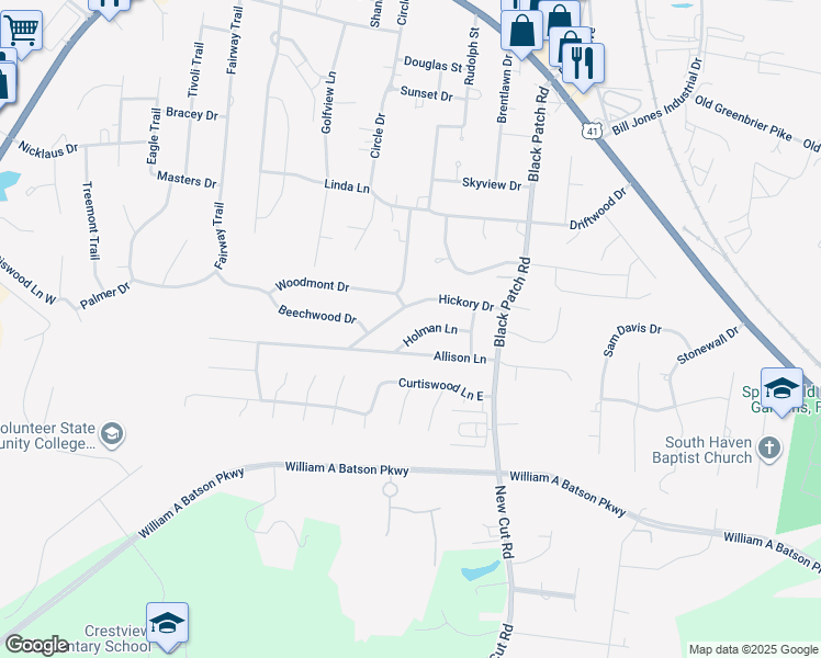 map of restaurants, bars, coffee shops, grocery stores, and more near 2504 Holman Lane in Springfield
