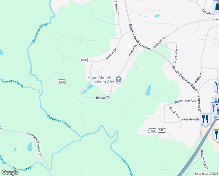 map of restaurants, bars, coffee shops, grocery stores, and more near 318 Belvue Drive in Mount Airy