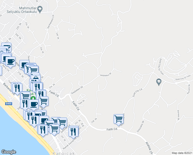 map of restaurants, bars, coffee shops, grocery stores, and more near Keşbeleni Sokak in Alanya