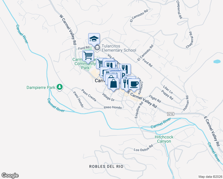 map of restaurants, bars, coffee shops, grocery stores, and more near 13748 Center Street in Carmel Valley
