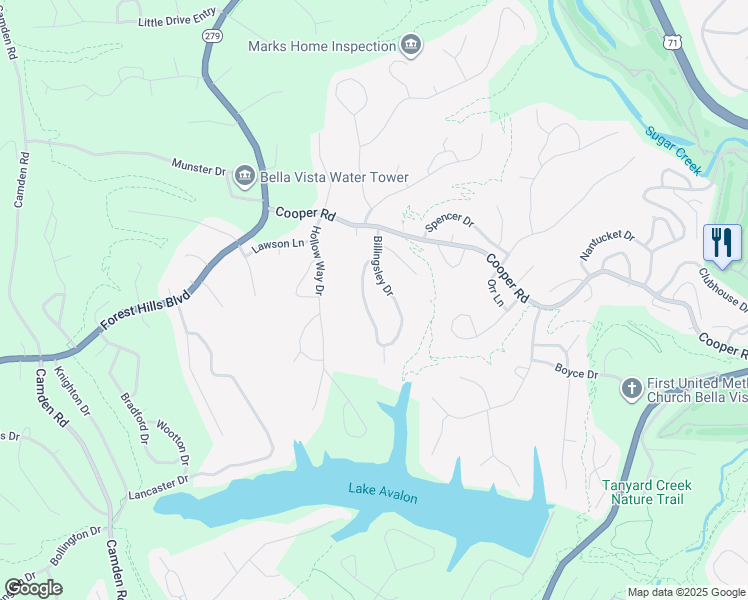 map of restaurants, bars, coffee shops, grocery stores, and more near 52 Billingsley Drive in Bella Vista