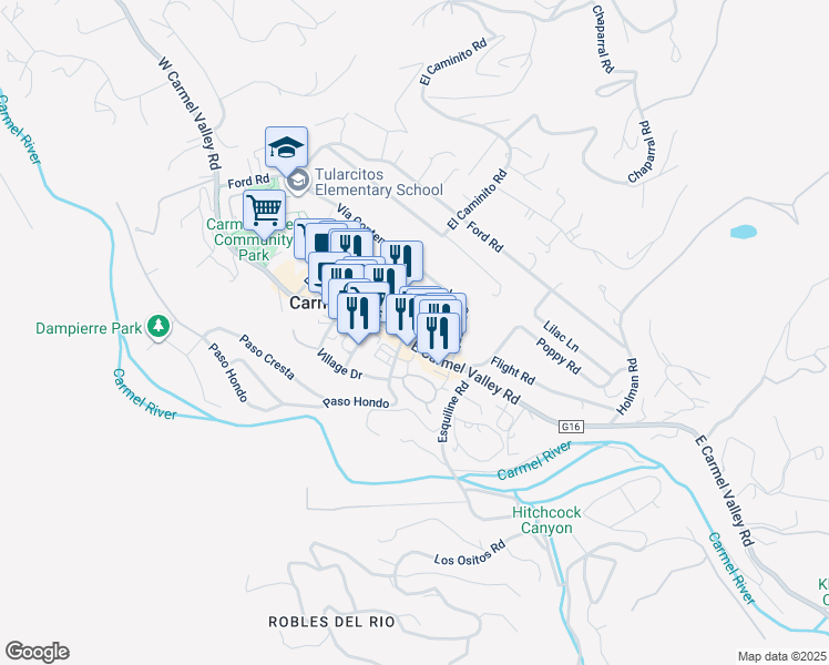 map of restaurants, bars, coffee shops, grocery stores, and more near 2 East Carmel Valley Road in Carmel Valley