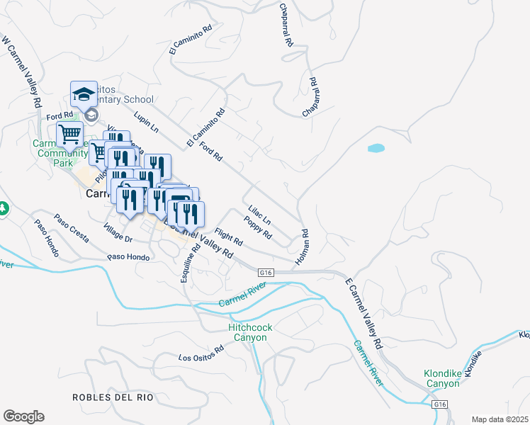 map of restaurants, bars, coffee shops, grocery stores, and more near 31 Lilac Lane in Carmel Valley