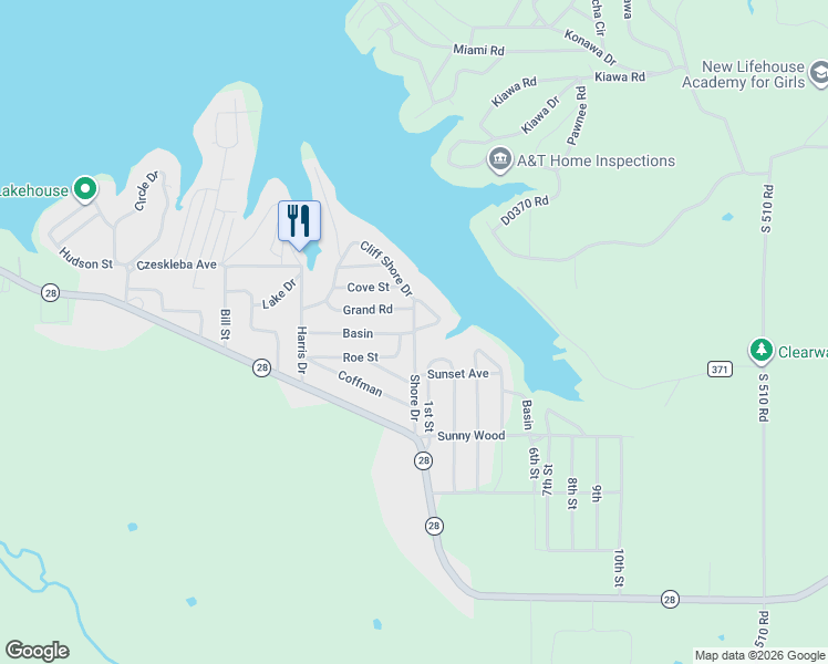 map of restaurants, bars, coffee shops, grocery stores, and more near 511 Basin in Jay