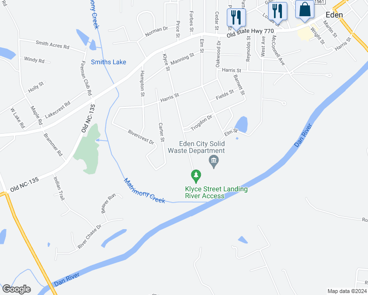 map of restaurants, bars, coffee shops, grocery stores, and more near 1027 Klyce Street in Eden