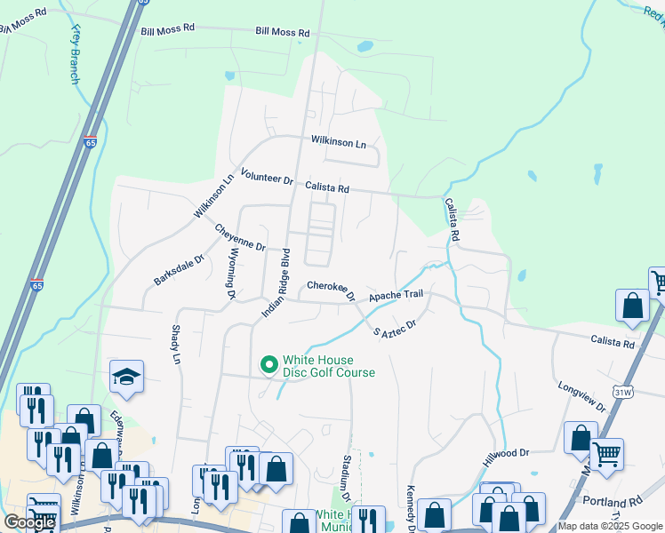 map of restaurants, bars, coffee shops, grocery stores, and more near 107 Cottage Trace in White House
