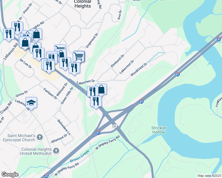 map of restaurants, bars, coffee shops, grocery stores, and more near 220 Woodcrest Drive in Kingsport