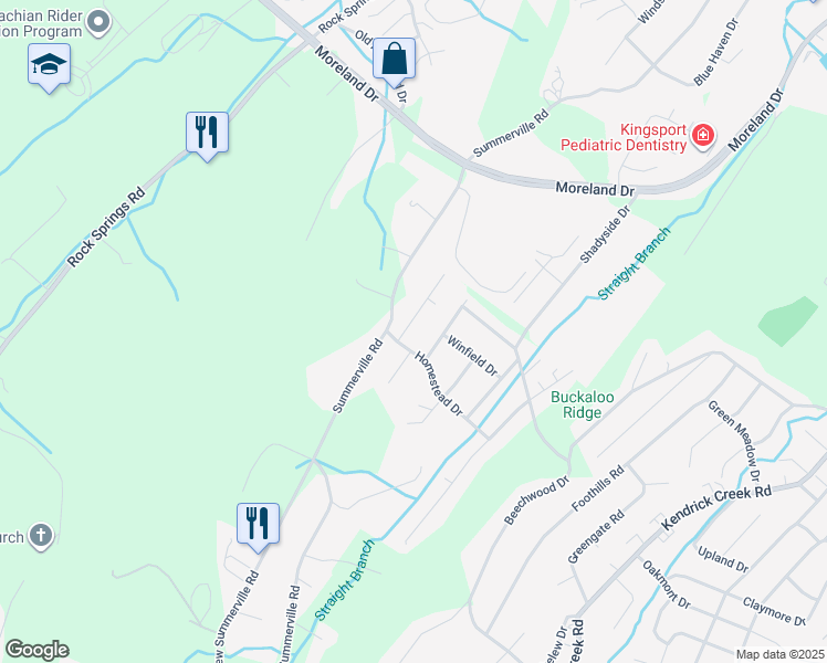 map of restaurants, bars, coffee shops, grocery stores, and more near 627 Summerville Road in Kingsport