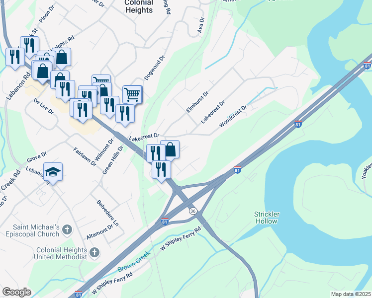 map of restaurants, bars, coffee shops, grocery stores, and more near 220 Woodcrest Drive in Kingsport