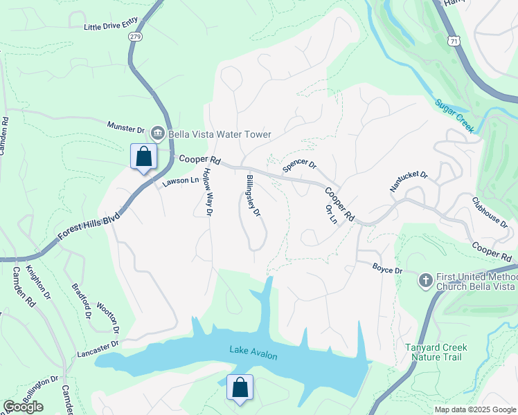 map of restaurants, bars, coffee shops, grocery stores, and more near 11 Billingsley Drive in Bella Vista