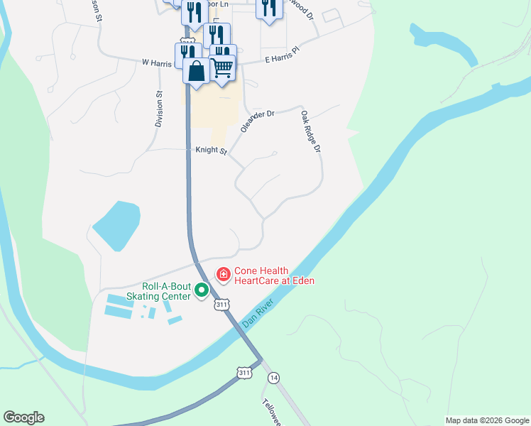 map of restaurants, bars, coffee shops, grocery stores, and more near 163 Oak Ridge Drive in Eden