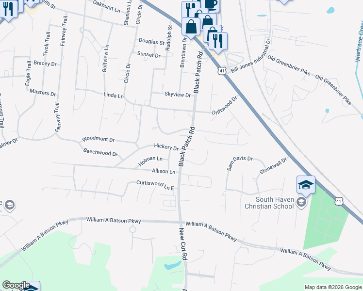 map of restaurants, bars, coffee shops, grocery stores, and more near 313 Lynwood Circle in Springfield