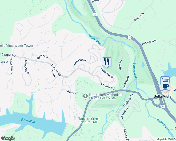 map of restaurants, bars, coffee shops, grocery stores, and more near 49 Britten Circle in Bella Vista