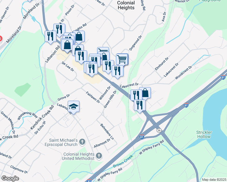 map of restaurants, bars, coffee shops, grocery stores, and more near Fort Henry Dr in Kingsport