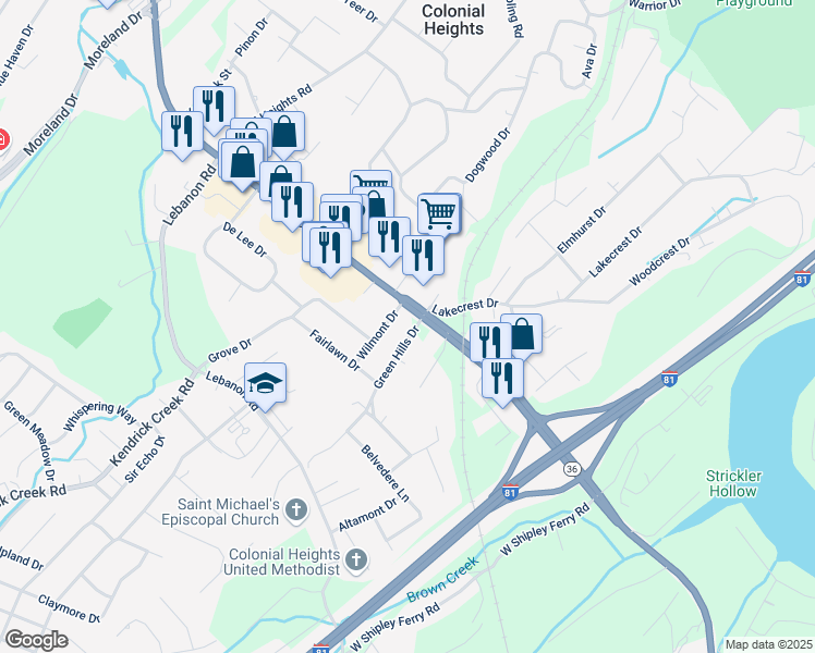 map of restaurants, bars, coffee shops, grocery stores, and more near Fort Henry Dr in Kingsport