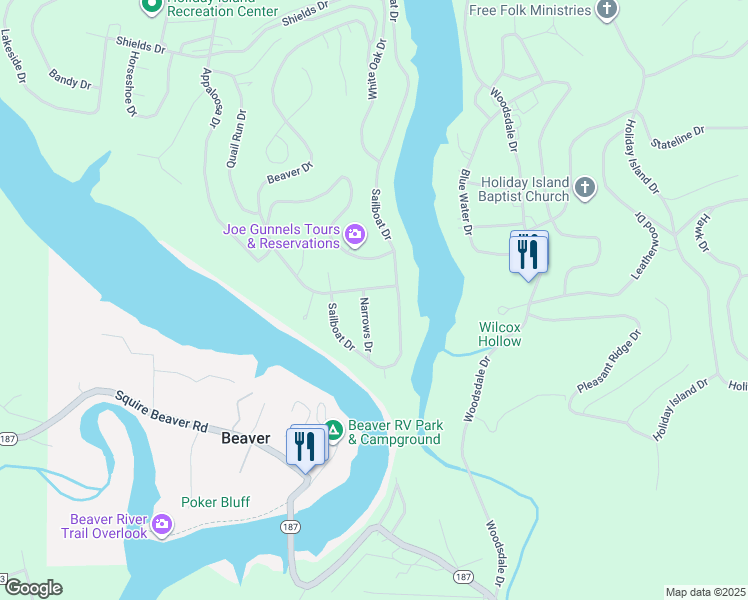 map of restaurants, bars, coffee shops, grocery stores, and more near 1 Narrows Drive in Holiday Island
