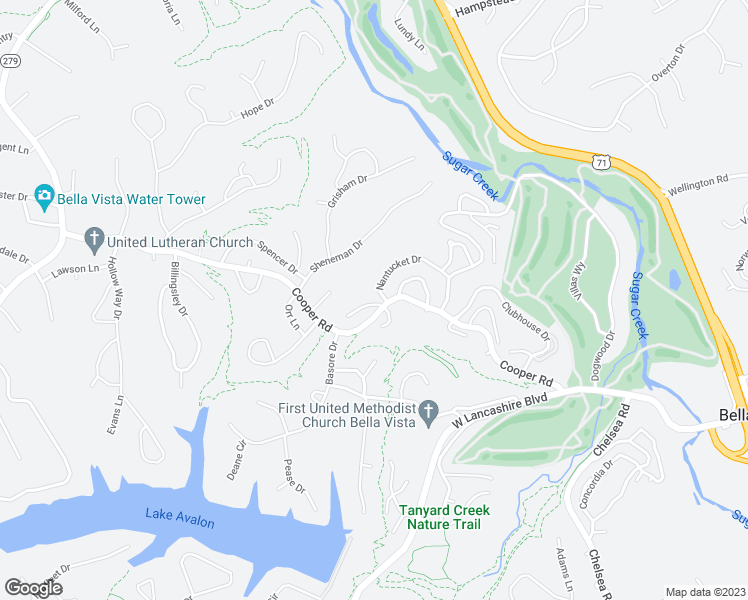 map of restaurants, bars, coffee shops, grocery stores, and more near 1 Rader Lane in Bella Vista