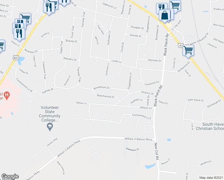 map of restaurants, bars, coffee shops, grocery stores, and more near 2313 Woodmont Drive in Springfield