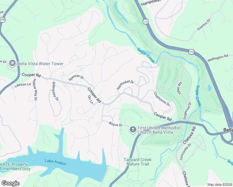 map of restaurants, bars, coffee shops, grocery stores, and more near 1 Rader Lane in Bella Vista