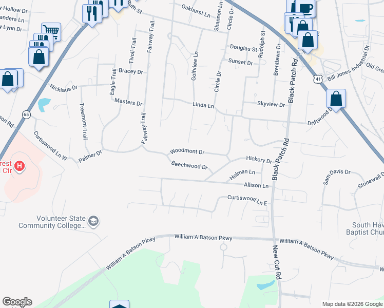 map of restaurants, bars, coffee shops, grocery stores, and more near 2313 Woodmont Drive in Springfield