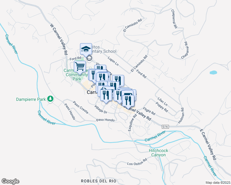 map of restaurants, bars, coffee shops, grocery stores, and more near 8 El Caminito Road in Carmel Valley