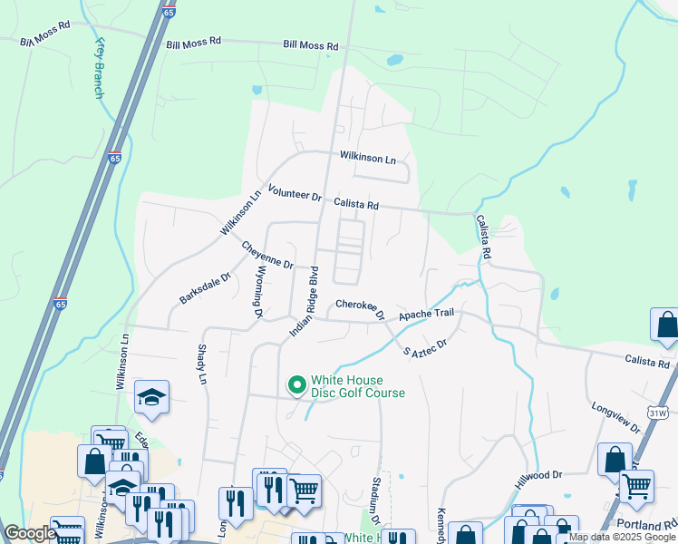 map of restaurants, bars, coffee shops, grocery stores, and more near 107 Cottage Trace in White House