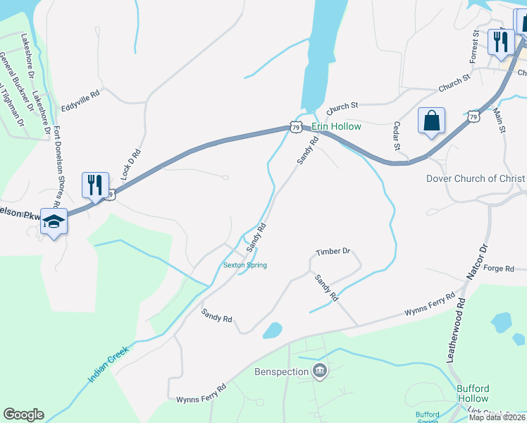 map of restaurants, bars, coffee shops, grocery stores, and more near 255 Sandy Road in Dover