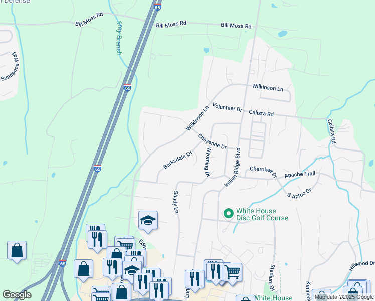 map of restaurants, bars, coffee shops, grocery stores, and more near 425 Barksdale Drive in White House