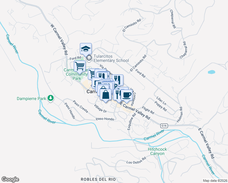 map of restaurants, bars, coffee shops, grocery stores, and more near 8 El Caminito Road in Carmel Valley