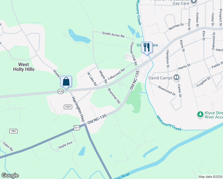 map of restaurants, bars, coffee shops, grocery stores, and more near 129 Brammer Road in Eden