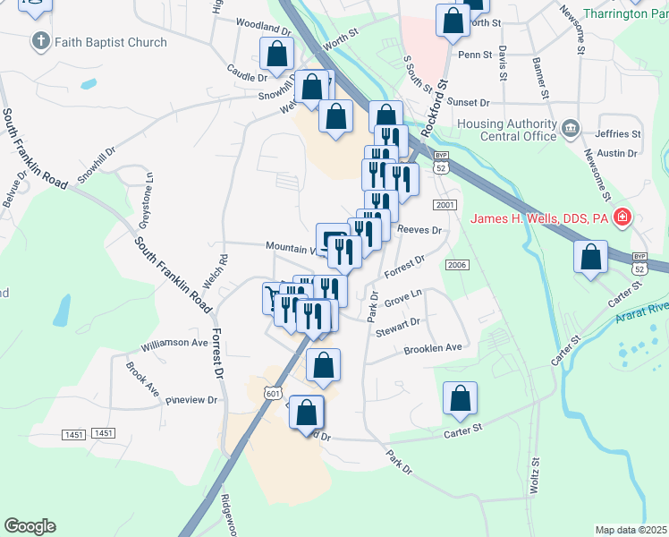 map of restaurants, bars, coffee shops, grocery stores, and more near 1996 Rockford Street in Mount Airy