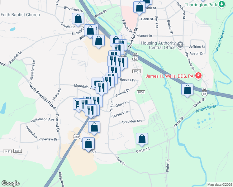 map of restaurants, bars, coffee shops, grocery stores, and more near 1010 Forrest Drive in Mount Airy